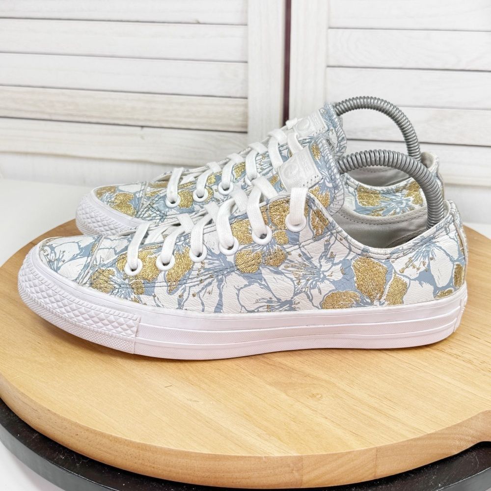 Converse Pat Bo Chuck Taylor Ox Floral Embroidered Leather Sneakers Blue Gold 8 - Picture 3 of 11